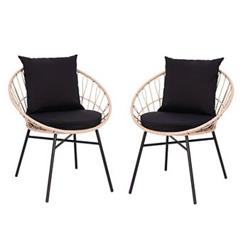 Merrick Lane Alma Set Of 2 Faux Rattan Rope Patio Chairs, Tan Papasan Style Indoor/Outdoor Chairs with Light Gray Seat & Back Cushions