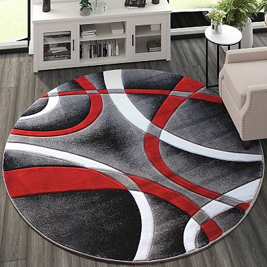 Masada Rugs Masada Rugs Sophia Collection 8'x8' Round Area Rug with Hand Carved Intersecting Arch Design in Red, White, Gray & Black
