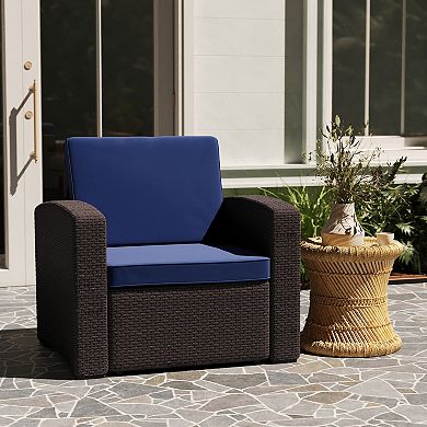 Merrick Lane Malmok Outdoor Furniture Resin Chair Faux Rattan Wicker Pattern Patio Chair With All-Weather Cushion