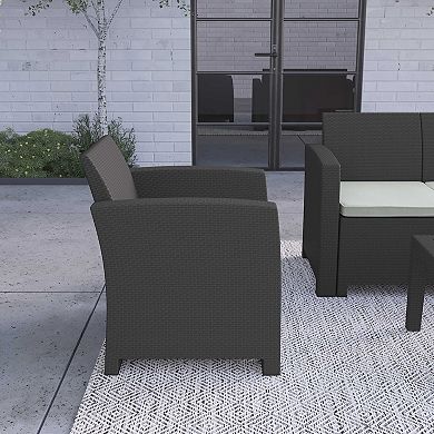 Merrick Lane Malmok Outdoor Furniture Resin Chair Dark Gray Faux Rattan Wicker Pattern Patio Chair With All-Weather Beige Cushion