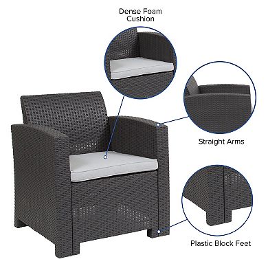 Merrick Lane Malmok Outdoor Furniture Resin Chair Dark Gray Faux Rattan Wicker Pattern Patio Chair With All-Weather Beige Cushion