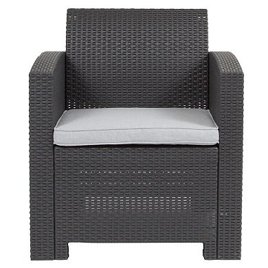 Merrick Lane Malmok Outdoor Furniture Resin Chair Dark Gray Faux Rattan Wicker Pattern Patio Chair With All-Weather Beige Cushion