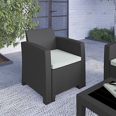 Merrick Lane Malmok Outdoor Furniture Resin Chair Dark Gray Faux Rattan Wicker Pattern Patio Chair With All-Weather Beige Cushion