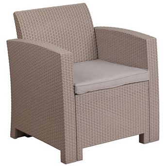 Merrick Lane Malmok Outdoor Furniture Resin Chair Dark Gray Faux Rattan Wicker Pattern Patio Chair With All-Weather Beige Cushion