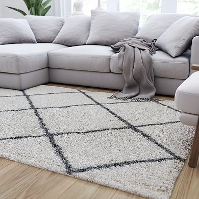 Merrick Lane Shag Style Diamond Trellis Area Rug - 5' x 7' - Ivory/Gray Polyester (PET)