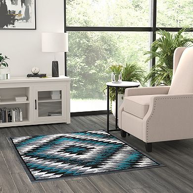 Masada Rugs Masada Rugs Stephanie Collection 4'x5' Area Rug with Distressed Southwest Native American Design 1106 in Turquoise, Gray, Black and White
