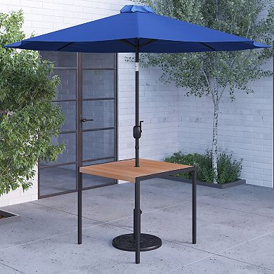 Merrick Lane 35" Square Faux Teak Outdoor Dining Table with Powder Coated Steel Frame, 9' Teal Adjustable Umbrella and Base