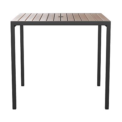 Merrick Lane 35" Square Faux Teak Outdoor Dining Table with Powder Coated Steel Frame, 9' Teal Adjustable Umbrella and Base