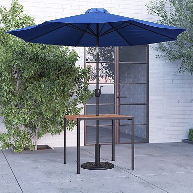 Merrick Lane 35" Square Faux Teak Outdoor Dining Table with Powder Coated Steel Frame, 9' Teal Adjustable Umbrella and Base