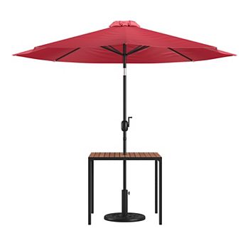 Merrick Lane 35" Square Faux Teak Outdoor Dining Table with Powder Coated Steel Frame, 9' Teal Adjustable Umbrella and Base