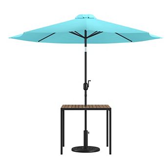 Merrick Lane 35" Square Faux Teak Outdoor Dining Table with Powder Coated Steel Frame, 9' Teal Adjustable Umbrella and Base