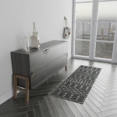 Merrick Lane Ivory Bohemian Low Pile Rug with Dark Gray Geometric Design -2' x 6'
