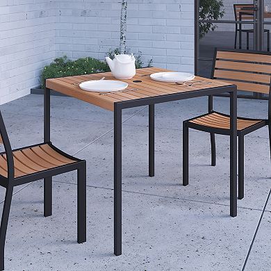 Merrick Lane Faux Teak Outdoor Dining Table with Powder Coated Steel Frame and Umbrella Hole