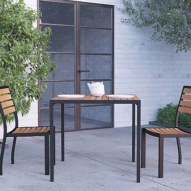 Merrick Lane Faux Teak Outdoor Dining Table with Powder Coated Steel Frame and Umbrella Hole