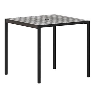Merrick Lane Faux Teak Outdoor Dining Table with Powder Coated Steel Frame and Umbrella Hole