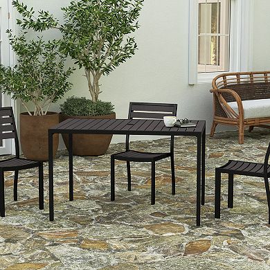 Merrick Lane Outdoor Dining Table with Faux Teak Poly Slat Top and Powder Coated Steel Frame
