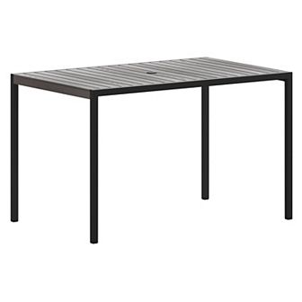 Merrick Lane Outdoor Dining Table with Faux Teak Poly Slat Top and Powder Coated Steel Frame