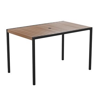 Merrick Lane Outdoor Dining Table with Faux Teak Poly Slat Top and Powder Coated Steel Frame