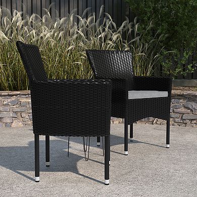 Merrick Lane Sunset Set of 2 Patio Chairs with Fade and Weather Resistant Black Wicker Wrapped Steel Frames & Gray Cushions