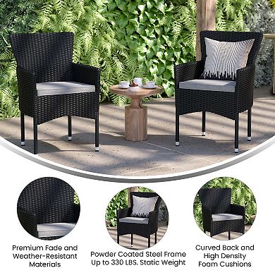Merrick Lane Sunset Set of 2 Patio Chairs with Fade and Weather Resistant Black Wicker Wrapped Steel Frames & Gray Cushions