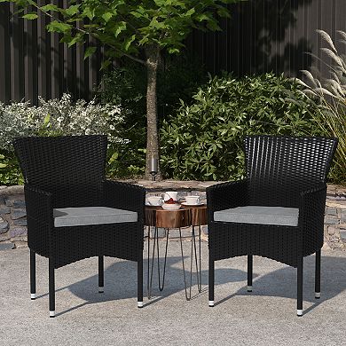 Merrick Lane Sunset Set of 2 Patio Chairs with Fade and Weather Resistant Black Wicker Wrapped Steel Frames & Gray Cushions
