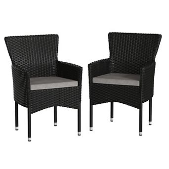 Merrick Lane Sunset Set of 2 Patio Chairs with Fade and Weather Resistant Black Wicker Wrapped Steel Frames & Gray Cushions
