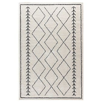Merrick Lane 5' x 7' Ivory and Black Geometric Style Bohemian Shag Area Rug