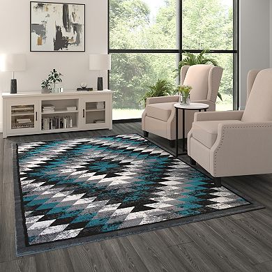Masada Rugs Masada Rugs Stephanie Collection 6'x9' Area Rug with Distressed Southwest Native American Design 1106 in Turquoise, Gray, Black and White