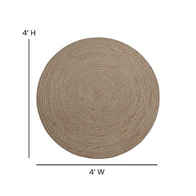 Merrick Lane 4 Foot Round Jute and Polyester Blend Indoor Braided Design Area Rug