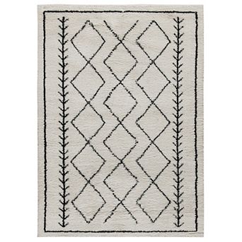 Merrick Lane 8' x 10' Ivory and Black Geometric Style Bohemian Shag Area Rug