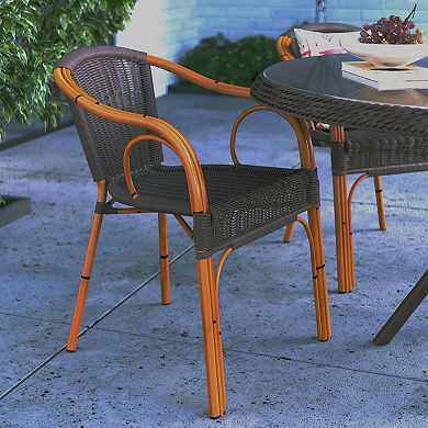 Merrick Lane Esna Series Stacking Rattan Patio Chair in Dark Brown with Dark Red Rattan Look Aluminum Frame and Integrated Arms