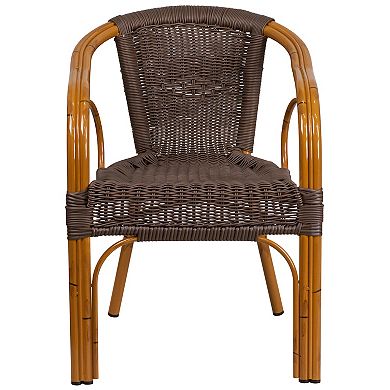 Merrick Lane Esna Series Stacking Rattan Patio Chair in Dark Brown with Dark Red Rattan Look Aluminum Frame and Integrated Arms