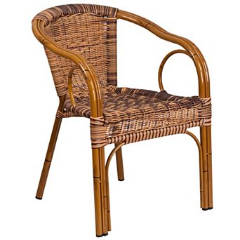 Merrick Lane Esna Series Stacking Rattan Patio Chair in Dark Brown with Dark Red Rattan Look Aluminum Frame and Integrated Arms