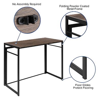 Merrick Lane Perth Folding Computer Desk with Rustic Wood Grain Finish and Metal Frame, Folding Laptop Desk for Home Office