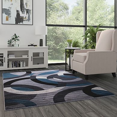 Masada Rugs Masada Rugs, Thatcher Collection Accent Rug with Interlocking Circle Pattern in Blue and Grey with Olefin Facing and Natural Jute Backing - 5'x7'