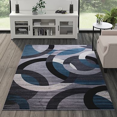 Masada Rugs Masada Rugs, Thatcher Collection Accent Rug with Interlocking Circle Pattern in Blue and Grey with Olefin Facing and Natural Jute Backing - 5'x7'