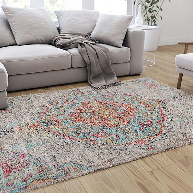 Merrick Lane 5' x 7' Gray Multicolor Distressed Vintage Medallion Area Rug - 100% Micro Polyester