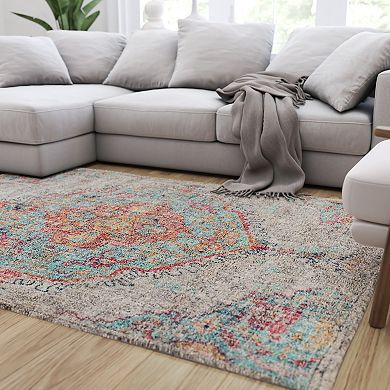 Merrick Lane 5' x 7' Gray Multicolor Distressed Vintage Medallion Area Rug - 100% Micro Polyester