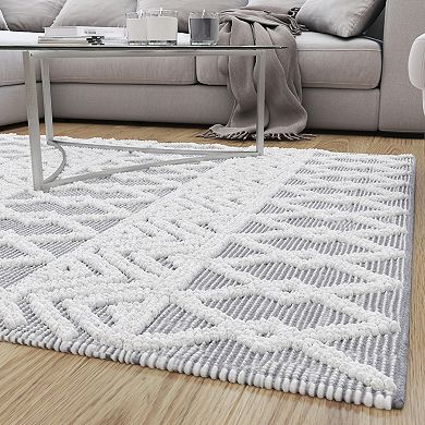 Merrick Lane Adelina 5' x 7' Handwoven Area Rug Cotton/Polyester Blend in Gray and Ivory Geometric Diamond Pattern