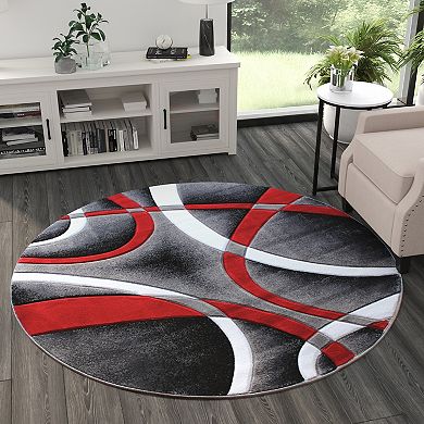 Masada Rugs Masada Rugs Sophia Collection 5'x5' Round Area Rug with Hand Carved Intersecting Arch Design in Red, White, Gray & Black