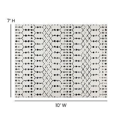Merrick Lane Ivory Bohemian Low Pile Rug with Black Geometric Design - 8' x 10'