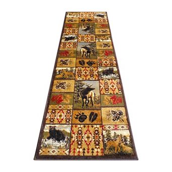 Masada Rugs Masada Rugs 2x7 Wildlife Bear and Elk Scene Area Rug