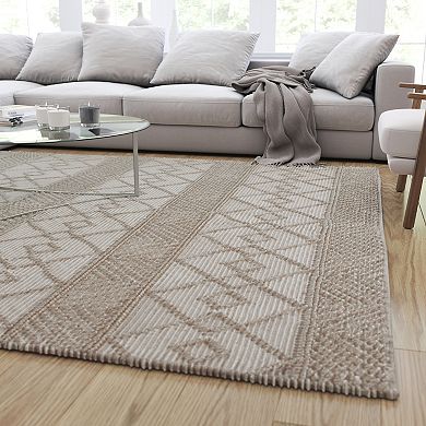 Merrick Lane 8' x 10' Geometric Design Handwoven Area Rug - Wool/Polyester/Cotton Blend in Ivory