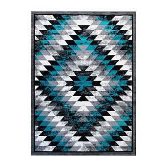 Masada Rugs Masada Rugs Stephanie Collection 8'x10' Area Rug with Distressed Southwest Native American Design 1106 in Turquoise, Gray, Black and White