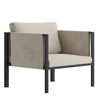 Merrick Lane Cape Cod Outdoor Patio Chair With Beige Removable Fabric Cushions And Black Steel Frame