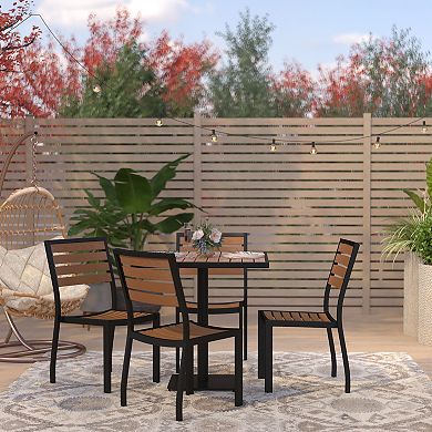 Merrick Lane Kersey Outdoor Stackable Side Chairs Faux Poly Teak Wood and Metal Patio and Deck Chairs for All-Weather Use- Set of 2