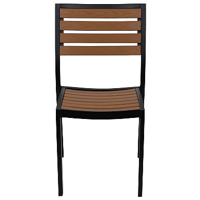 Merrick Lane Kersey Outdoor Stackable Side Chairs Faux Poly Teak Wood and Metal Patio and Deck Chairs for All-Weather Use- Set of 2