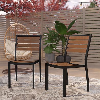 Merrick Lane Kersey Outdoor Stackable Side Chairs Faux Poly Teak Wood and Metal Patio and Deck Chairs for All-Weather Use- Set of 2