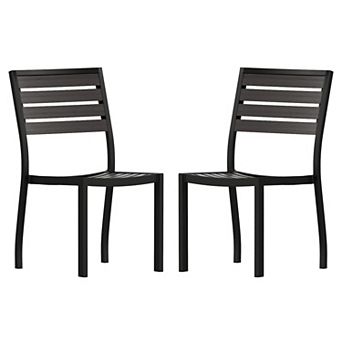 Merrick Lane Kersey Outdoor Stackable Side Chairs Faux Poly Teak Wood and Metal Patio and Deck Chairs for All-Weather Use- Set of 2