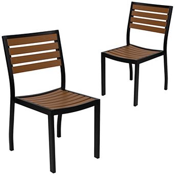 Merrick Lane Kersey Outdoor Stackable Side Chairs Faux Poly Teak Wood and Metal Patio and Deck Chairs for All-Weather Use- Set of 2